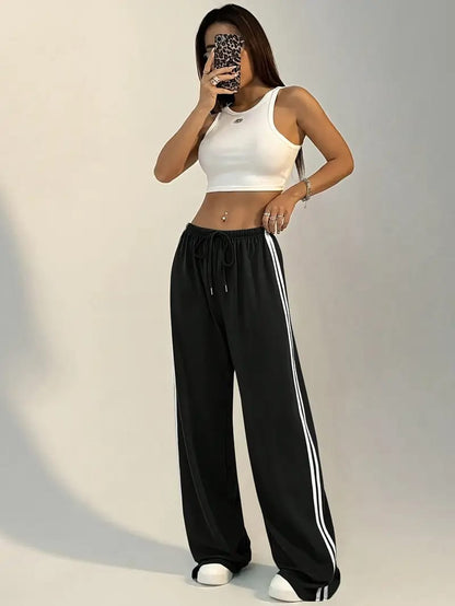 Black Wide Leg Baggy Trouser with White Stripes