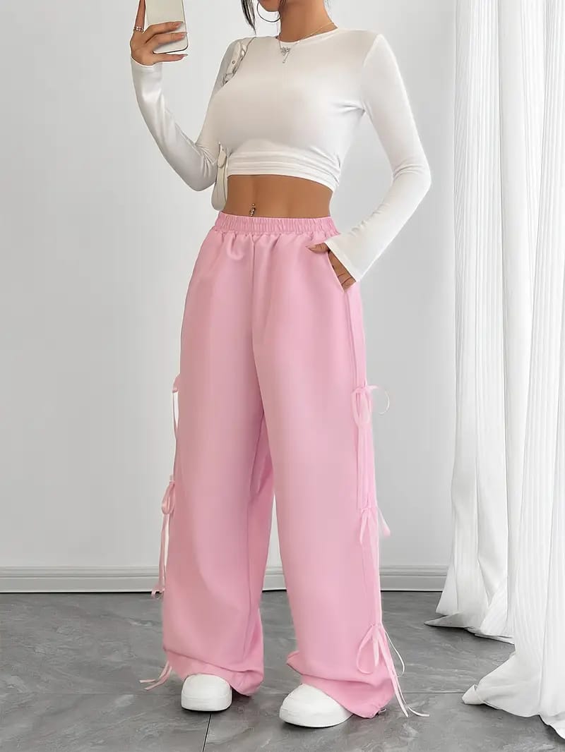 ELASTIC WAIST Wide Leg Pink Trouser with Side Bow