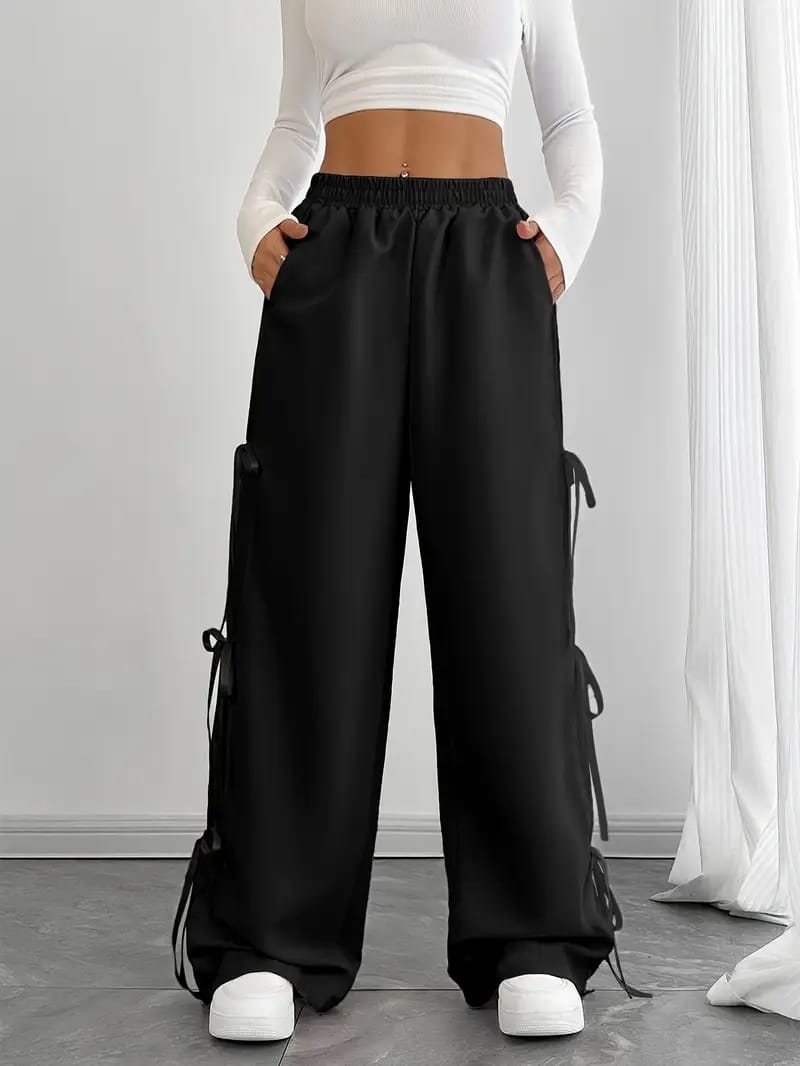 Pack Of 2 - Women’s Wide Leg Trousers – Casual Grey Lounge Pants & Stylish Black Side-Tie Pants