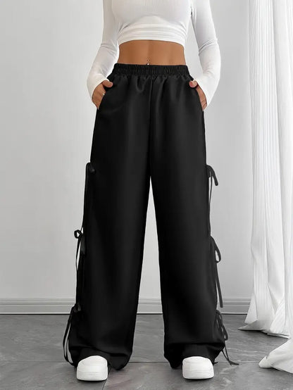 Pack Of 2 - Women’s Wide Leg Trousers – Casual Grey Lounge Pants & Stylish Black Side-Tie Pants