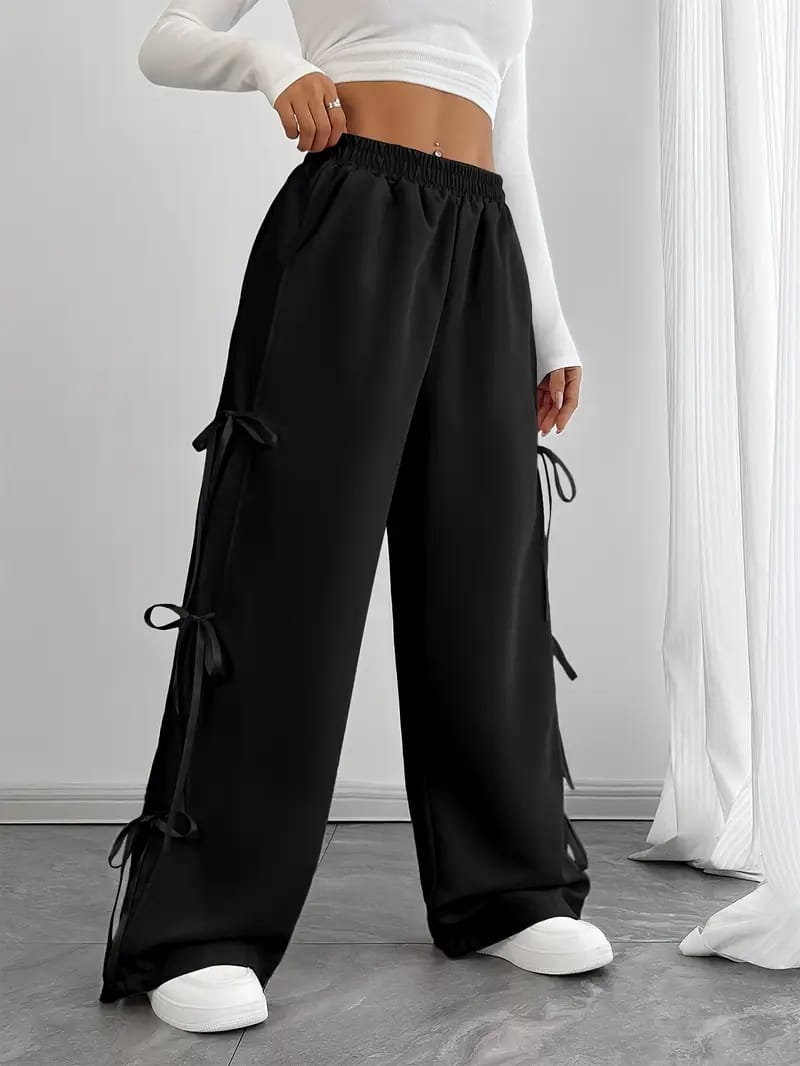 Pack Of 2 - Women’s Wide Leg Trousers – Casual Grey Lounge Pants & Stylish Black Side-Tie Pants