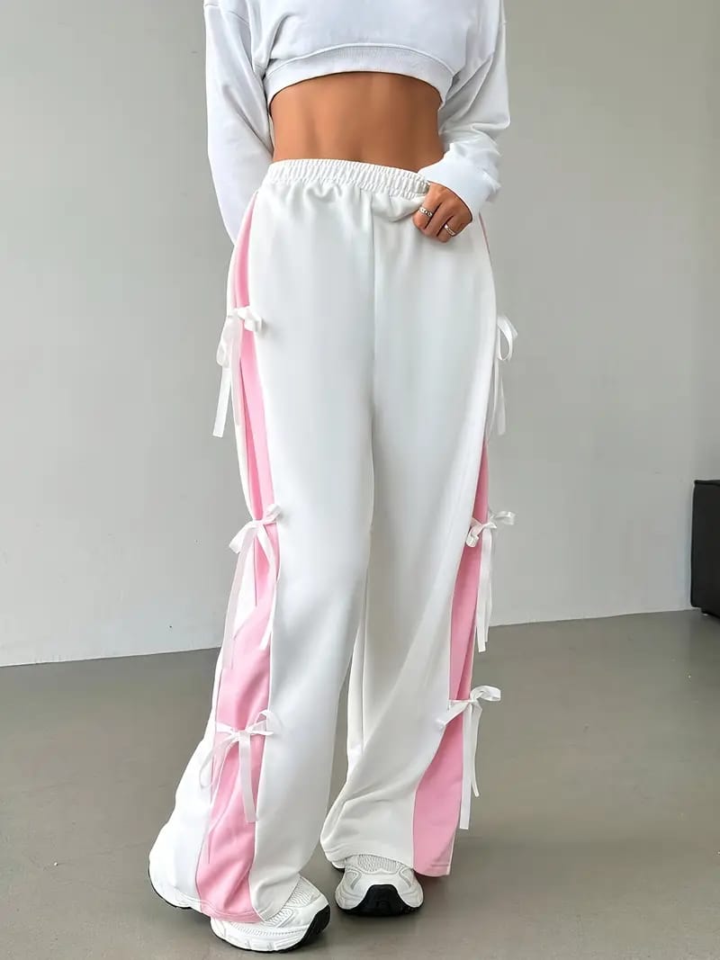 White Side Tie Wide Leg Jogger with Pink Panel