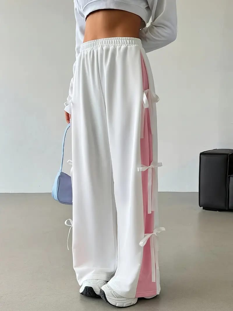 Pack of 2 – White Bow Tie Lounge Trouser & Black Side Stripes Wide Leg Jogger