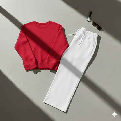 Cozy Red Sweatshirt & White  Wide-Leg Sweat Trouser Set