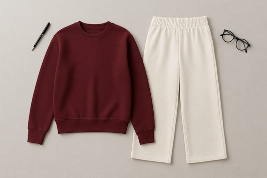 Cozy Maroon Fleece Sweatshirt With White Wide Leg Sweat Trouser Co-ord Set