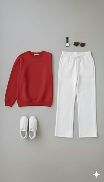 Cozy Red Sweatshirt & White  Wide-Leg Sweat Trouser Set