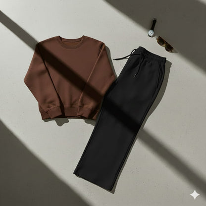 Cozy Brown Sweatshirt & Black Wide-Leg Sweat Trouser Co-ord Set