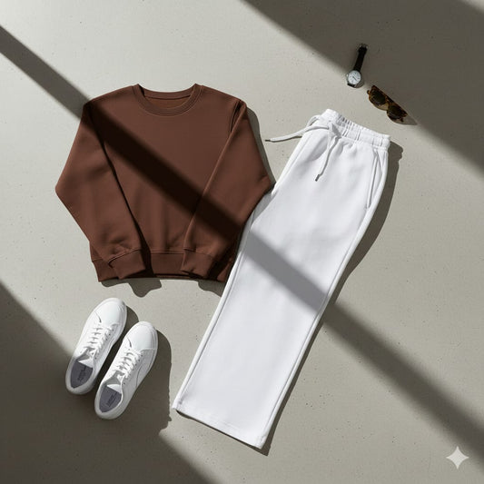 Cozy Brown Fleece Sweatshirt With White Wide Leg Sweat Trouser Co-ord Set