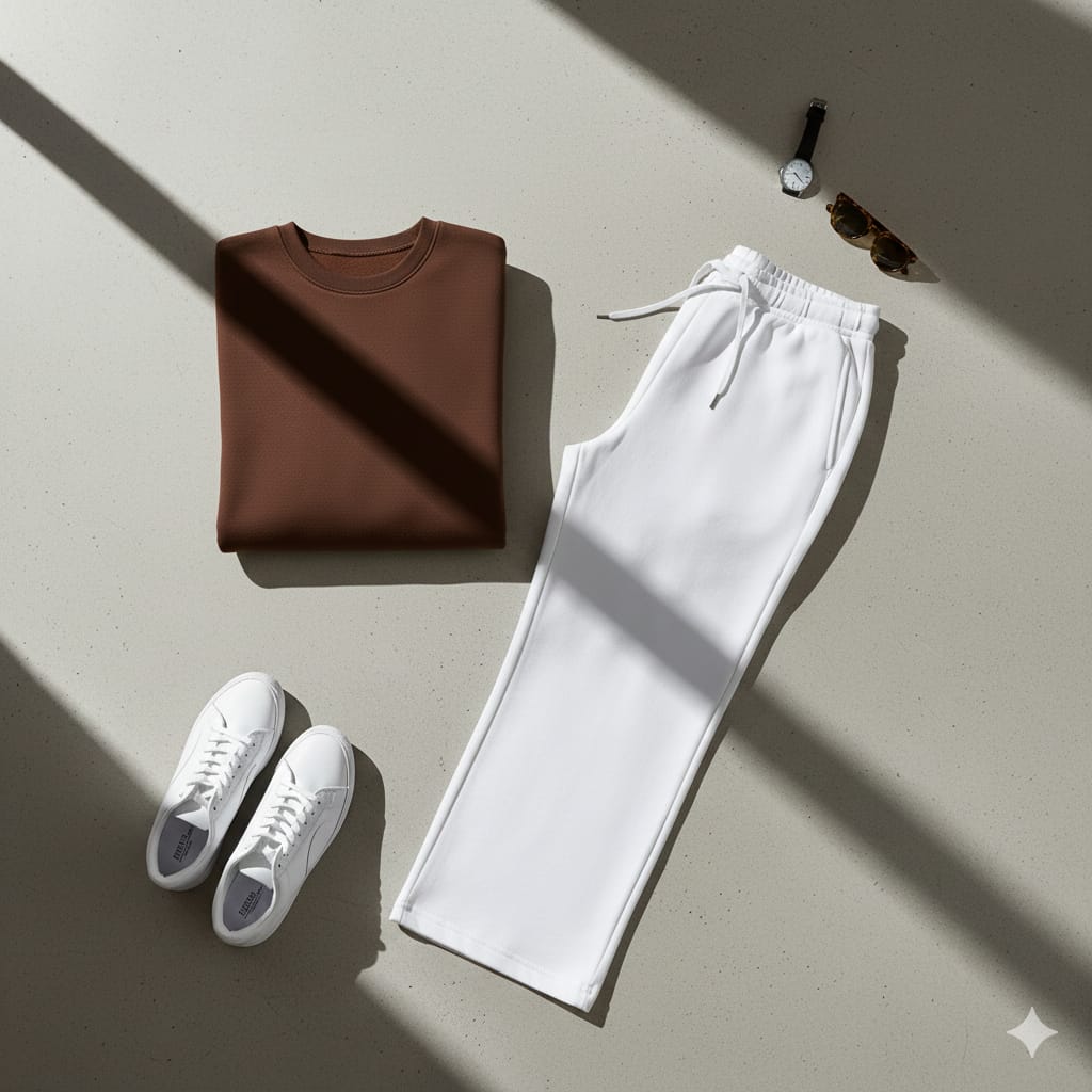 Cozy Brown Fleece Sweatshirt With White Wide Leg Sweat Trouser Co-ord Set