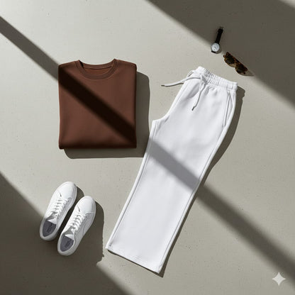 Cozy Brown Fleece Sweatshirt With White Wide Leg Sweat Trouser Co-ord Set