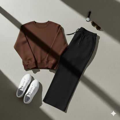Cozy Brown Sweatshirt & Black Wide-Leg Sweat Trouser Co-ord Set