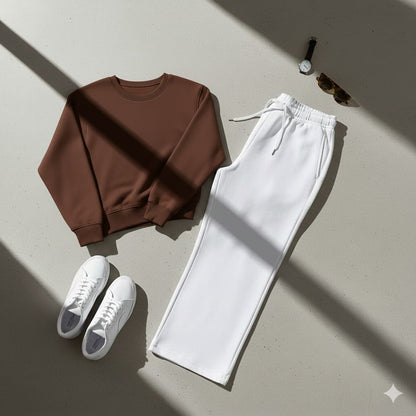 Cozy Brown Fleece Sweatshirt With White Wide Leg Sweat Trouser Co-ord Set