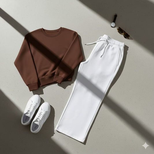 Cozy Brown Fleece Sweatshirt With White Wide Leg Sweat Trouser Co-ord Set