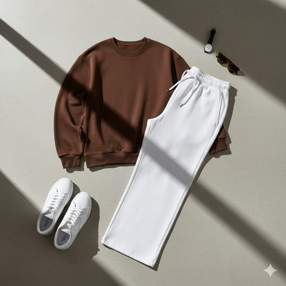 Cozy Brown Fleece Sweatshirt With White Wide Leg Sweat Trouser Co-ord Set