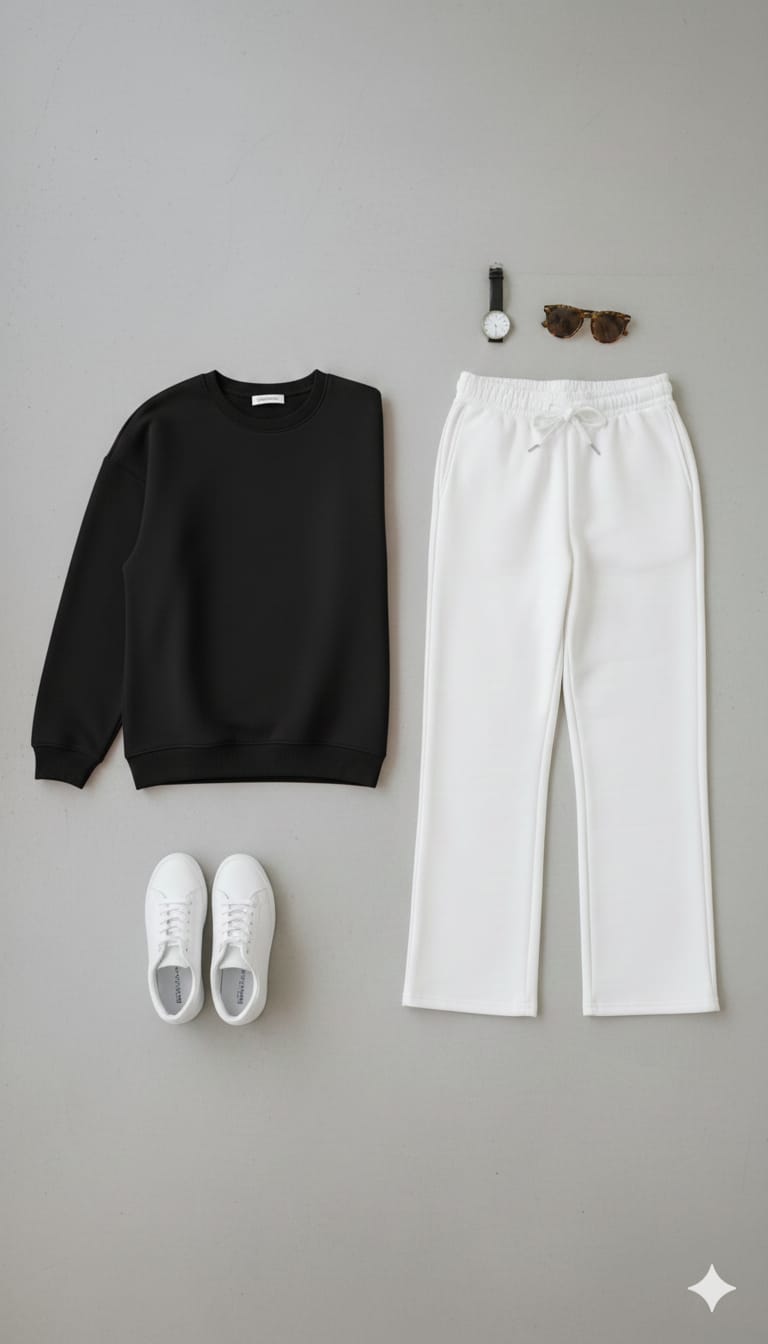 Cozy Blak Fleece Sweatshirt With White Wide Leg Sweat Trouser Co-ord Set