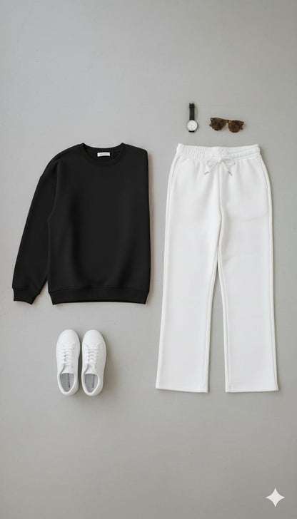 Cozy Blak Fleece Sweatshirt With White Wide Leg Sweat Trouser Co-ord Set