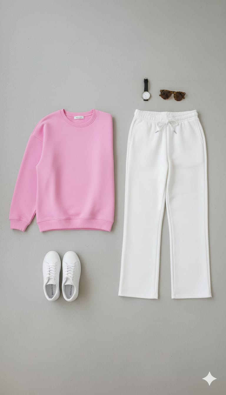 Cozy Pink Fleece Sweatshirt With White Wide Leg Sweat Trouser Co-ord Set