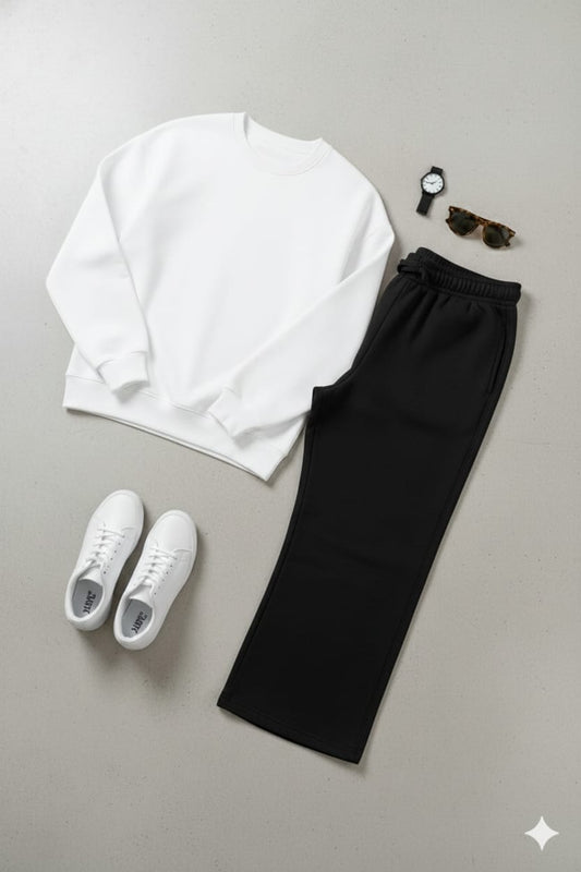 Cozy White Sweatshirt & Black Wide-Leg Sweat Trouser Set