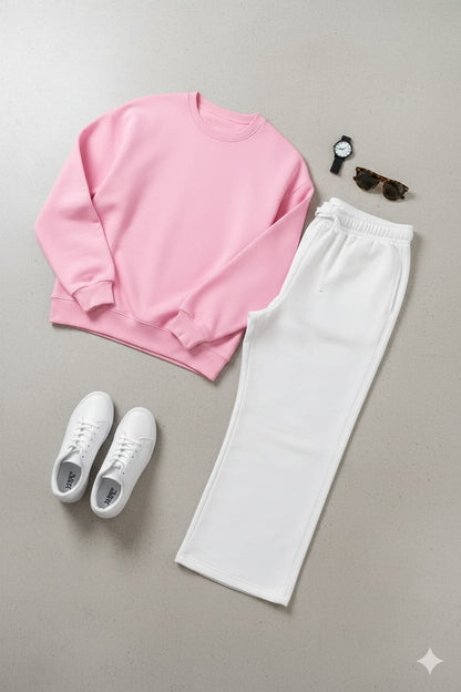 Cozy Pink Fleece Sweatshirt With White Wide Leg Sweat Trouser Co-ord Set