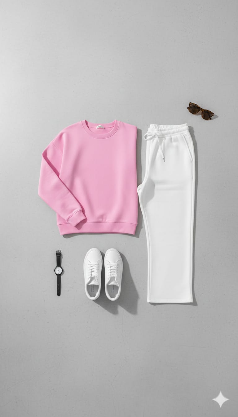 Cozy Pink Fleece Sweatshirt With White Wide Leg Sweat Trouser Co-ord Set