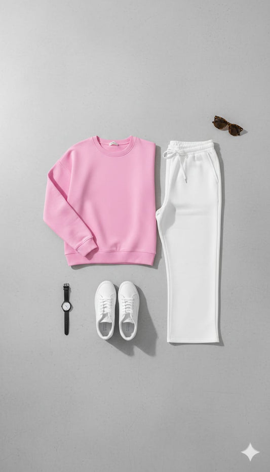 Cozy Pink Fleece Sweatshirt With White Wide Leg Sweat Trouser Co-ord Set