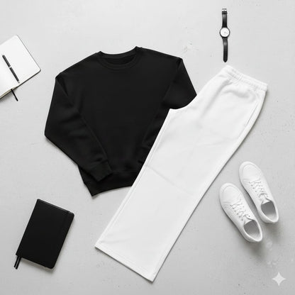 Cozy Blak Fleece Sweatshirt With White Wide Leg Sweat Trouser Co-ord Set
