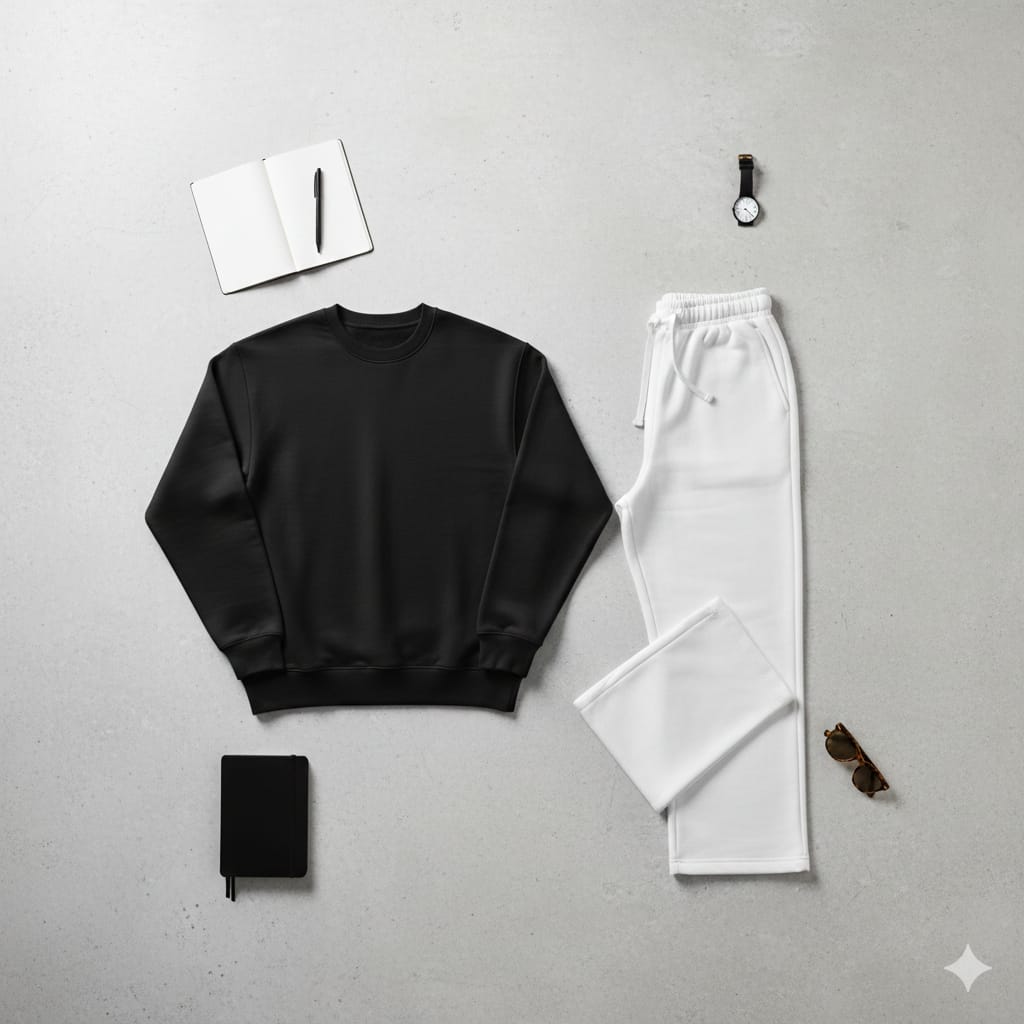 Cozy Blak Fleece Sweatshirt With White Wide Leg Sweat Trouser Co-ord Set