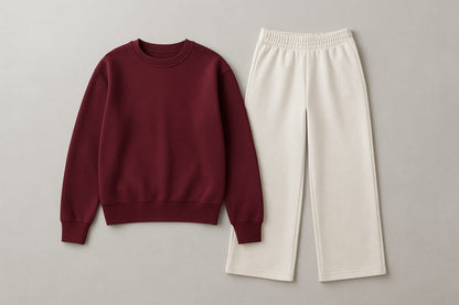 Cozy Maroon Fleece Sweatshirt With White Wide Leg Sweat Trouser Co-ord Set