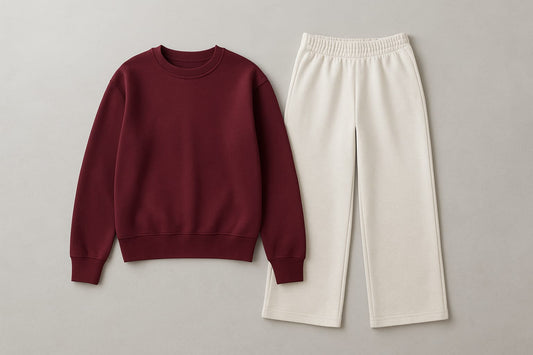 Cozy Maroon Fleece Sweatshirt With White Wide Leg Sweat Trouser Co-ord Set