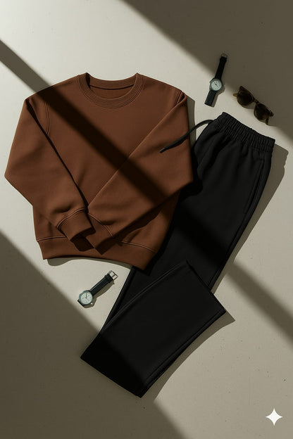 Cozy Brown Sweatshirt & Black Wide-Leg Sweat Trouser Co-ord Set