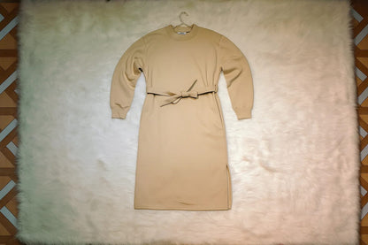 Chic Beige Longline Belted Sweatshirt With Side Pockets