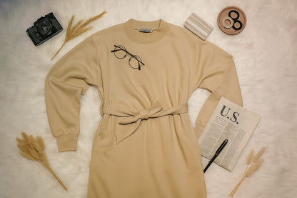 Chic Beige Longline Belted Sweatshirt With Side Pockets