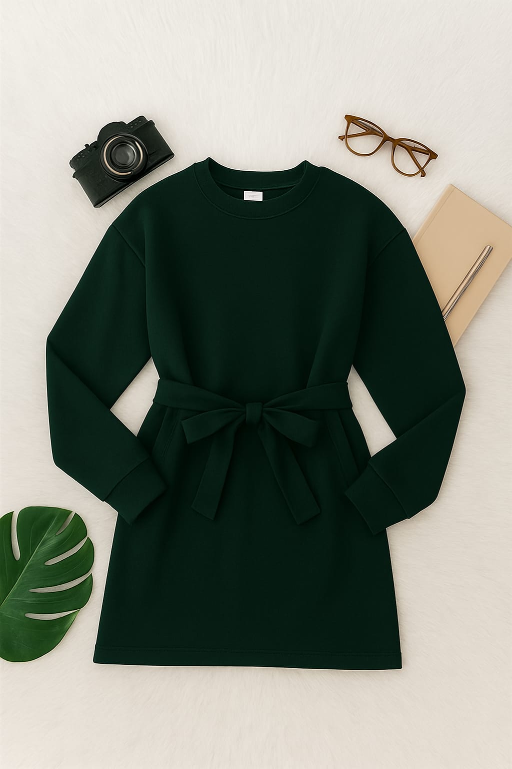 Chic Dark Green Longline Belted Sweatshirt With Side Pockets