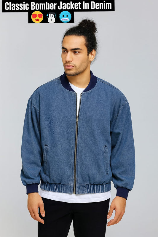 [Modern Edge] Denim Oversized Drop Shoulder Bomber Jacket - Vintage Wash Blue