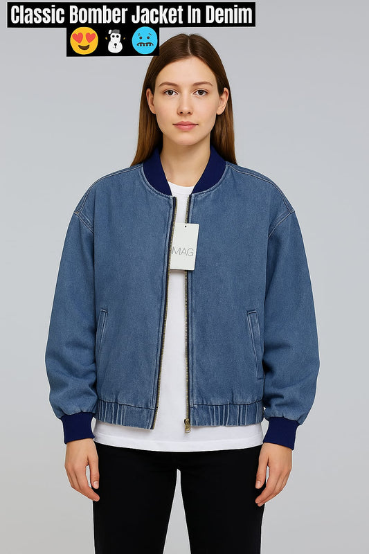 [Modern Edge] Denim Oversized Drop Shoulder Bomber Jacket - Vintage Wash Blue