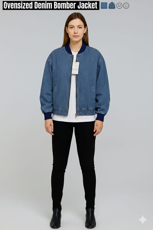 [Modern Edge] Denim Oversized Drop Shoulder Bomber Jacket - Vintage Wash Blue