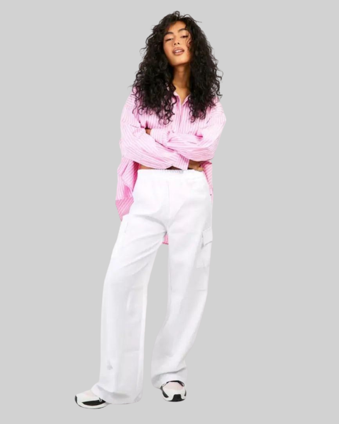 White Flap Pockets Wide Leg Cargo Trouser