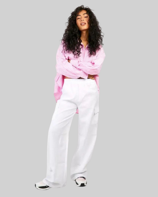 White Flap Pockets Wide Leg Cargo Trouser
