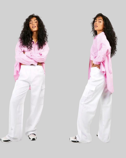White Flap Pockets Wide Leg Cargo Trouser