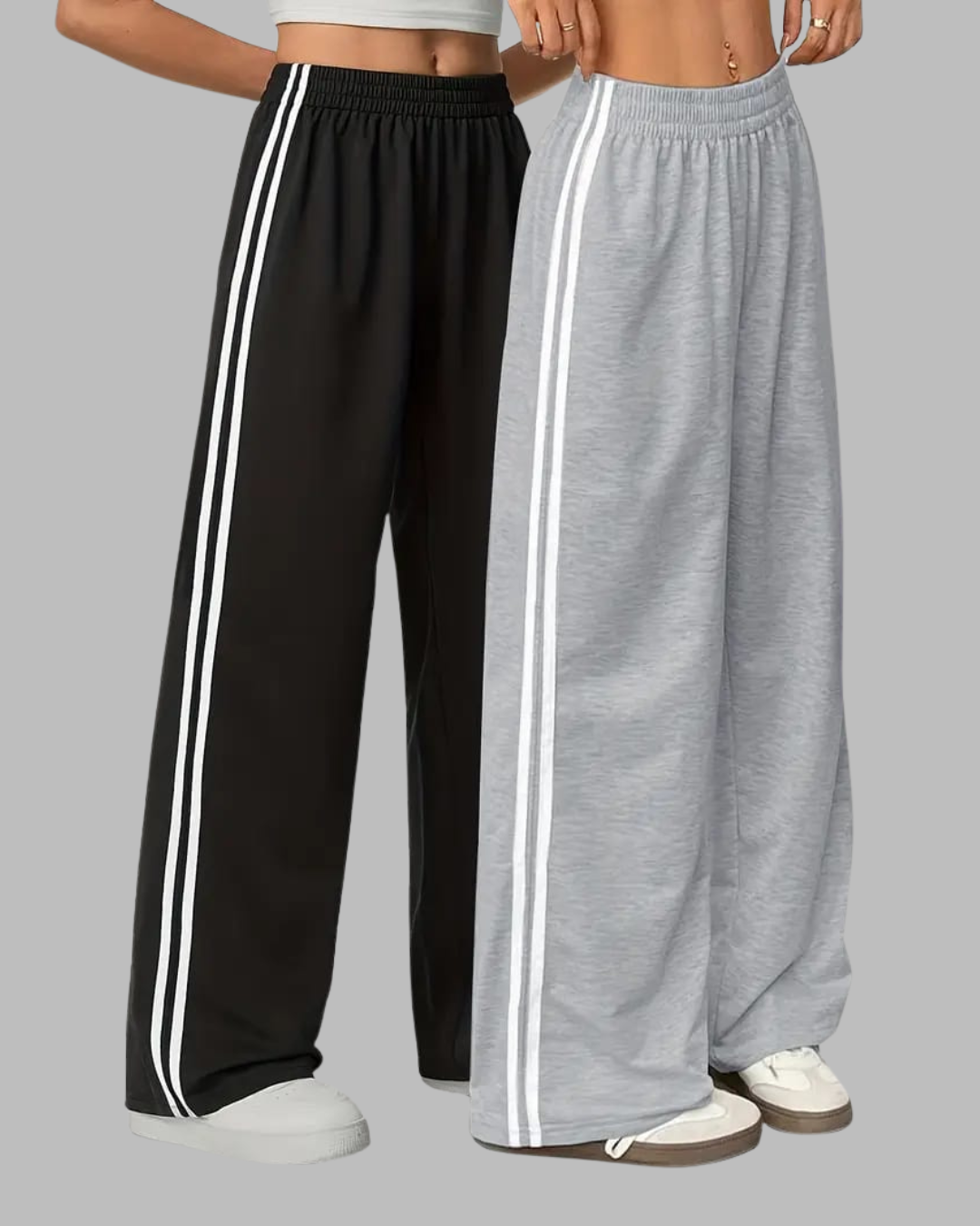 Women'S Casual Pack OF 2 - Black & Grey Striped Pants with Side Stripe