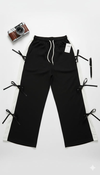 Black white panel Side Ribbons Wide-Leg Trousers