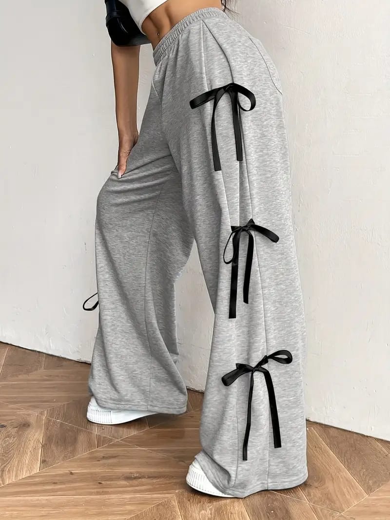 Grey Baggy Wide-Leg Pants with Side Bow Detail – Cozy Meets Cute