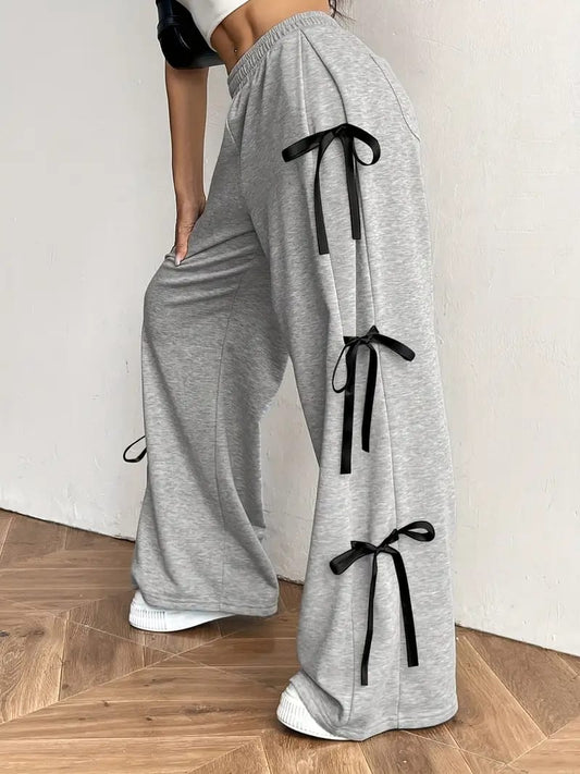Grey Baggy Wide-Leg Pants with Side Bow Detail – Cozy Meets Cute
