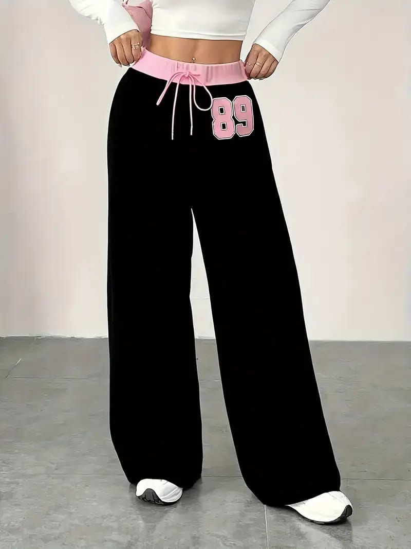 Black Wide Leg Jogger Trousers with Pink Contrast Waistband