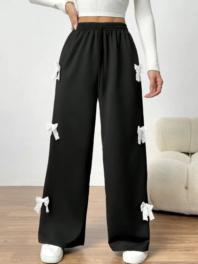 Black Bow Style Baggy  Wide Leg Trouser