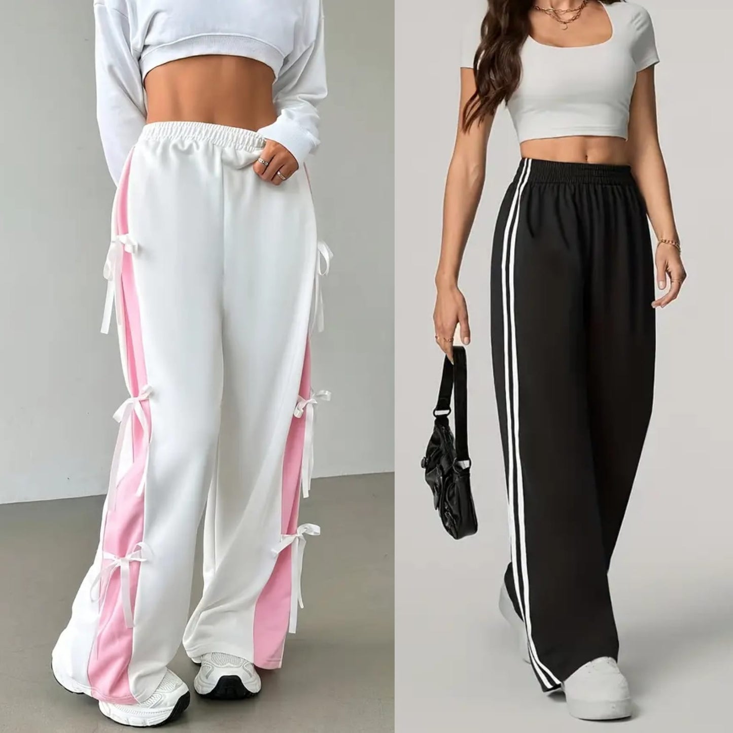 Pack of 2 – White Bow Tie Lounge Trouser & Black Side Stripes Wide Leg Jogger