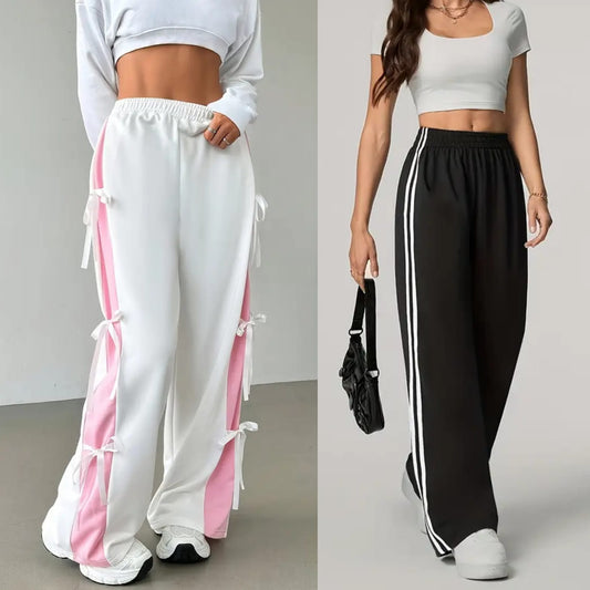 Pack of 2 – White Bow Tie Lounge Trouser & Black Side Stripes Wide Leg Jogger