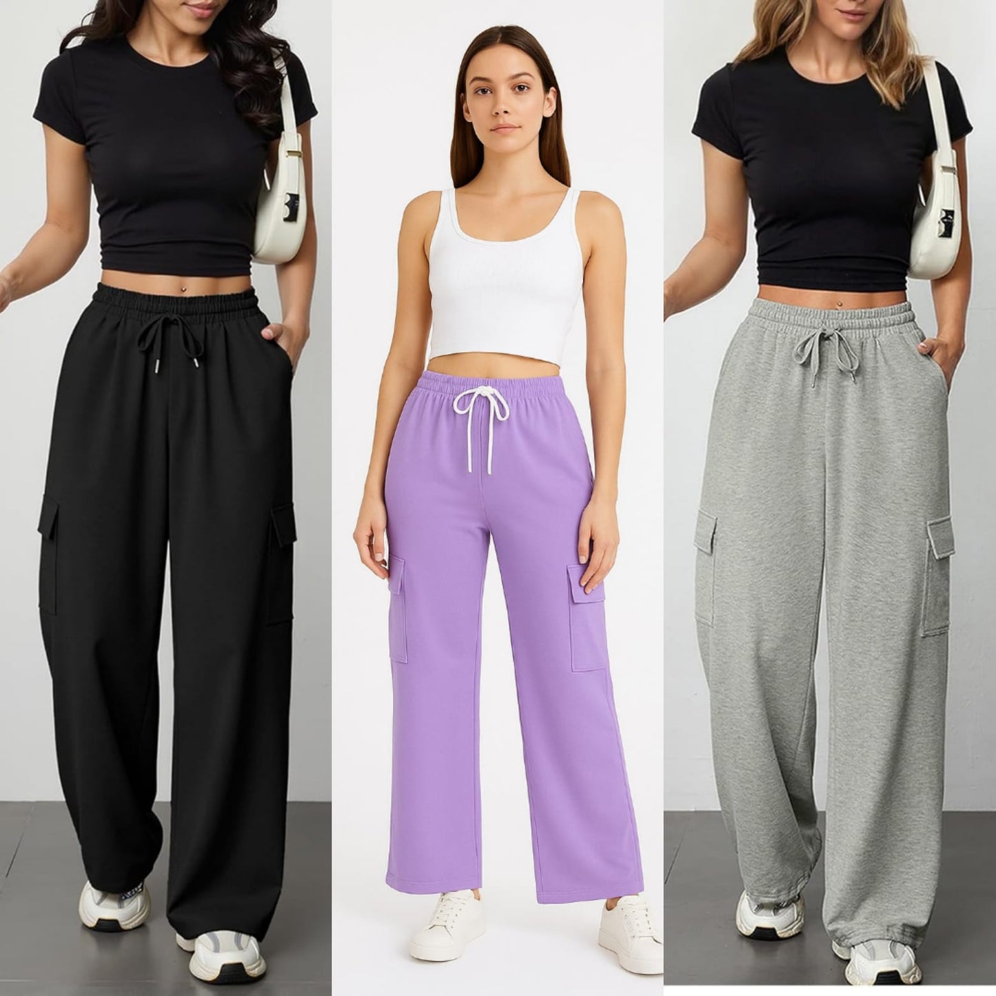 Pack of  3 Women's  Stylish Wide Leg Cargo Trousers – Black, Lilac & Grey