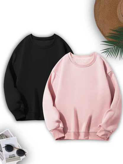 Bundle of 2 - Cozy Essential Plain Fleece Sweatshirts - PINK/BLACK