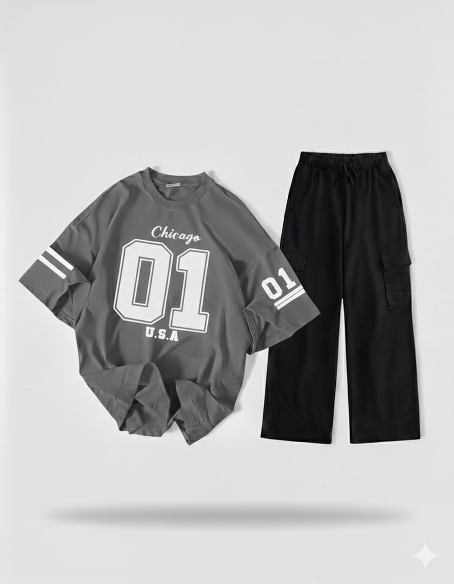 The Varsity Noir Set: Steel Grey '01' Oversized Tee & Black Wide-Leg Cargo Trouser